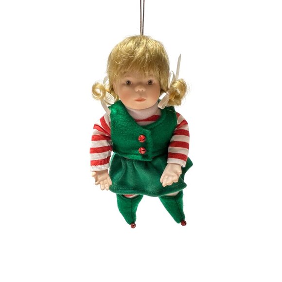 Vintage Blonde Porcelain Christmas Elf Doll Ornament With Wish List Scroll - Picture 1 of 9
